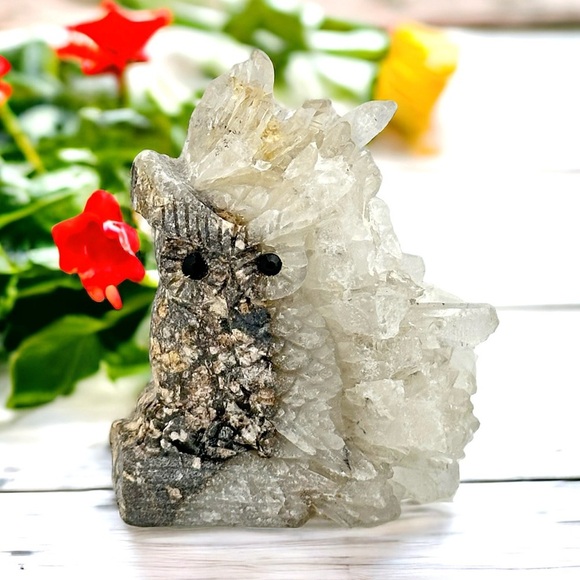 Owl Hand Carved Natural Quartz Healing Crystal Geode - Picture 1 of 4